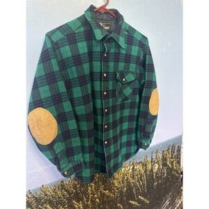 Vintage Pendleton Lobo Wool Plaid‎ Flannel  Green Blue Woman's Large Elbow Patch